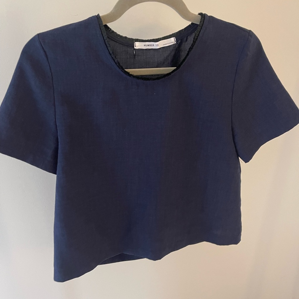 Number 13 Navy Blue Crop Short Sleeve Shirt with Black Trim S